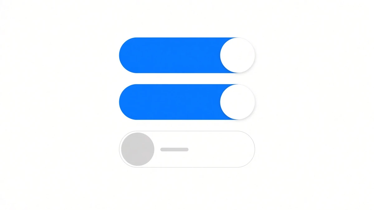 Diagram: three identically sized horizontal pill toggles stacked vertically. The top two are solid blue with a white knob resting at the right end; the bottom one is white with a thin grey outline and a grey knob resting at the left end, with a short grey dash to its right