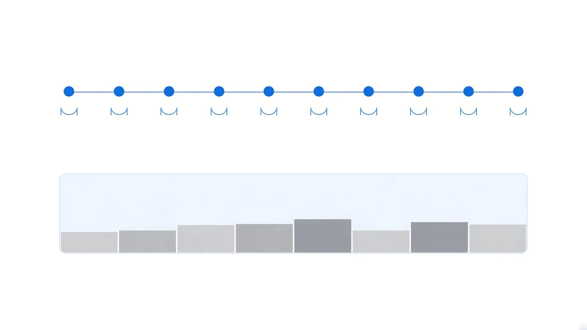 Diagram: an upper horizontal line carries evenly spaced blue dots with an identical caliper mark under each adjacent pair; below, a pale blue panel holds a row of grey blocks of unequal widths whose edges do not line up with the dots above