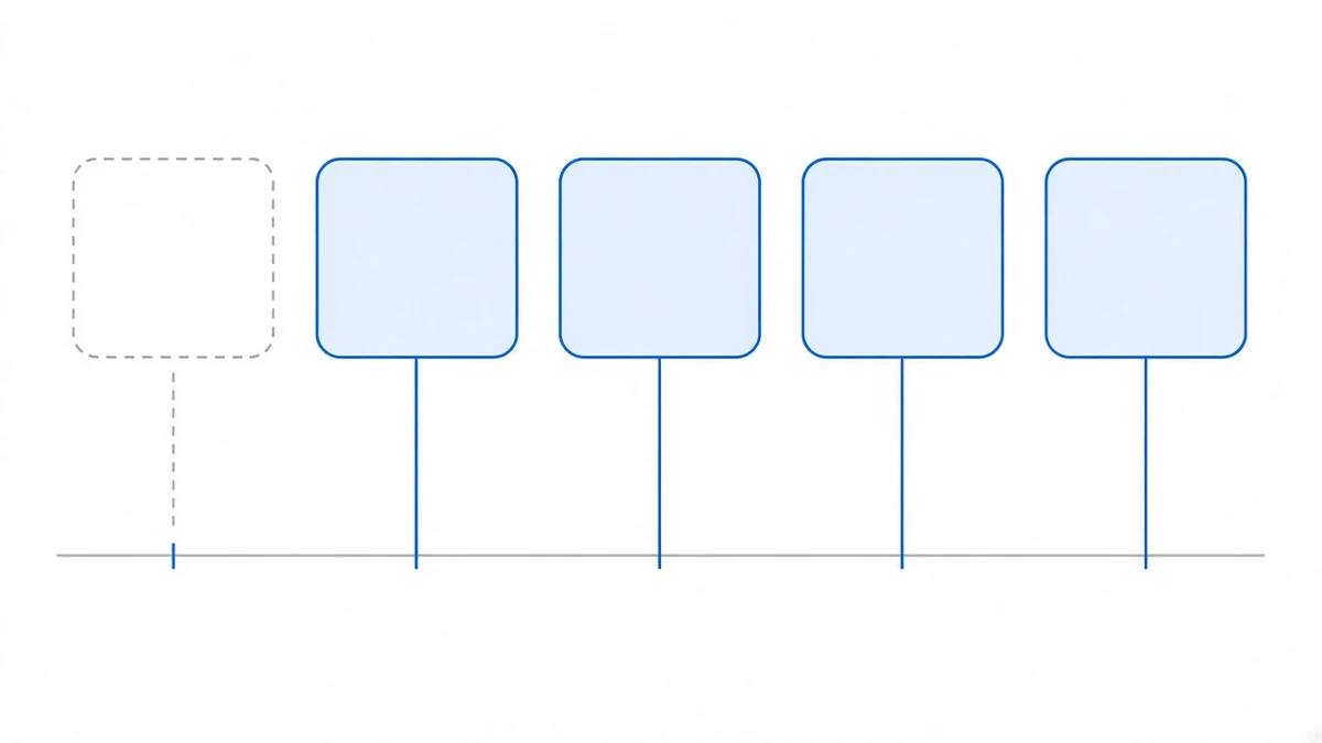 Diagram: five rounded square tiles in a row, the right four filled pale blue with solid connectors dropping to a rhythm line below, the leftmost drawn with a dashed grey outline, unfilled, its connector dashed as well