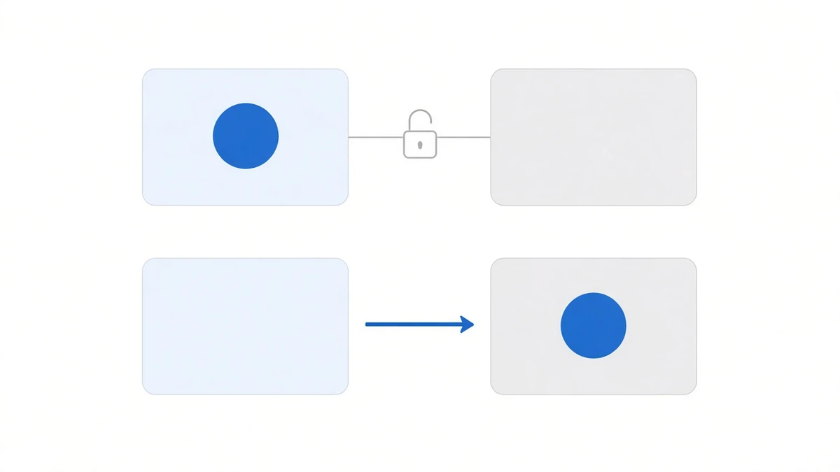 Diagram: two stacked rows, each with a pale blue rounded box on the left and a grey rounded box on the right. In the top row a solid blue dot sits inside the left box and a thin grey line joins the two boxes with a small open padlock hanging on it; in the bottom row the left box is empty, the solid blue dot has moved inside the right box, and a blue arrow points from left to right