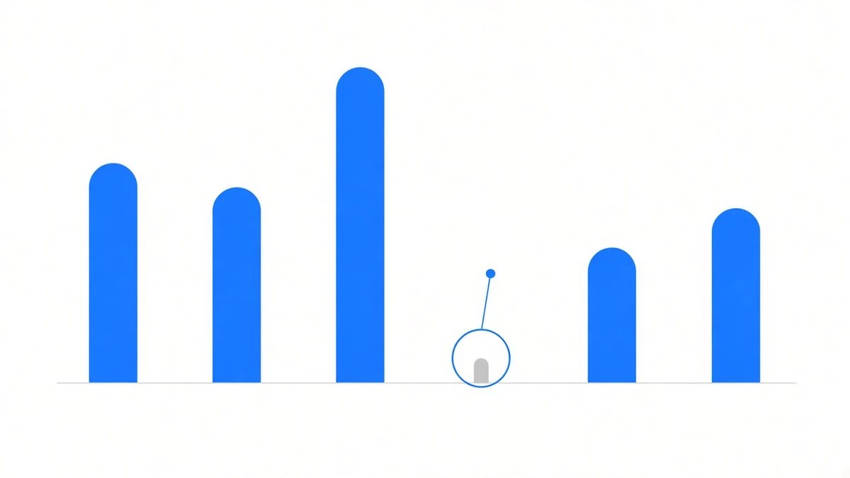 Diagram: six bars standing on a thin grey baseline, five of them blue and of noticeably uneven heights; the fourth from the left is a tiny grey stub circled with a thin blue outline, with a thin blue leader line pointing down at it