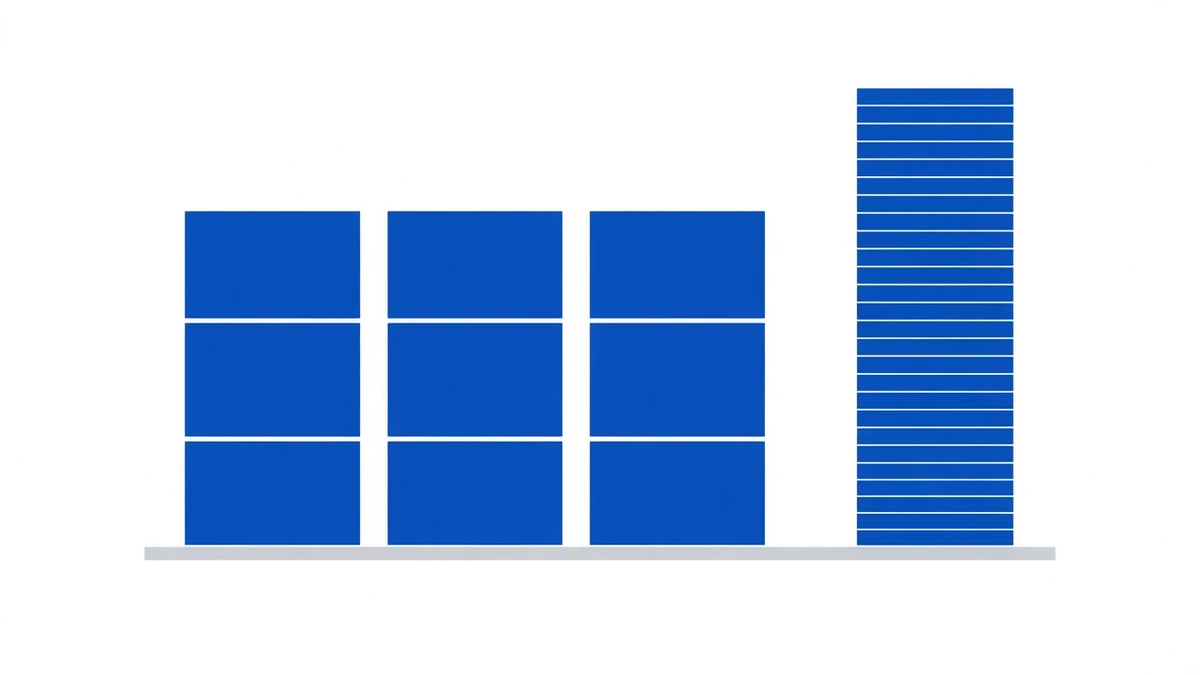 Diagram: four stacked-block columns on a shared baseline; the first three are each three chunky blocks, the fourth is roughly two dozen thin slices reaching visibly higher