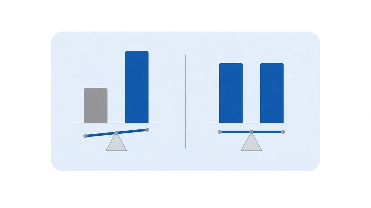 Diagram: on the left, a pair of bars of very unequal height showing that an even split by dollar value leaves the two legs unmatched; on the right, a pair of bars of identical height showing both sides level once notional is equalised