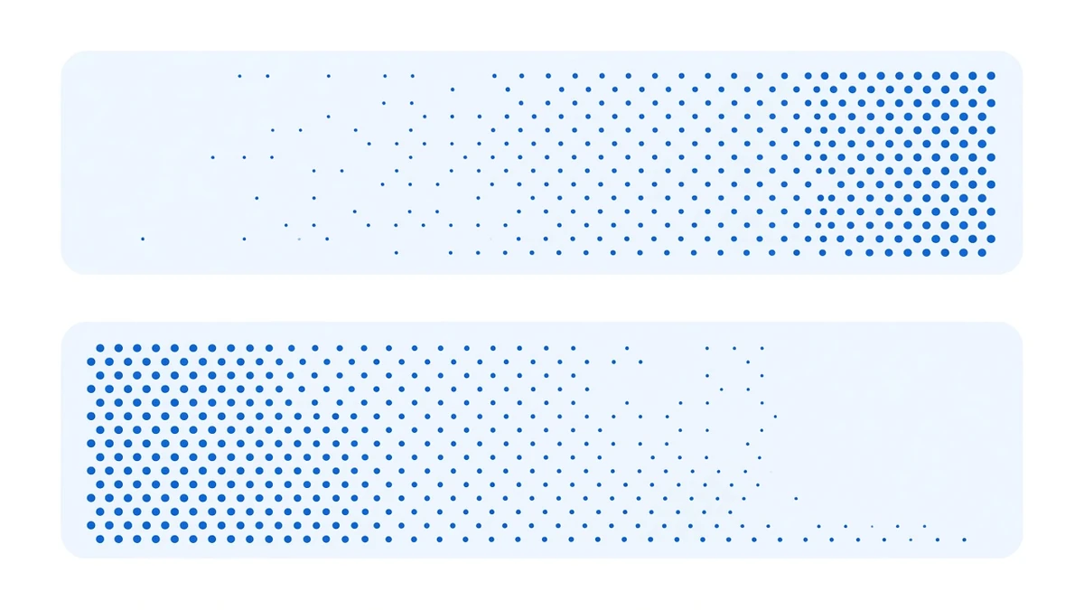Diagram: two separated pale blue panels with no connector between them; dots in the upper panel grow denser to the right while dots in the lower panel thin out and sink toward the bottom edge