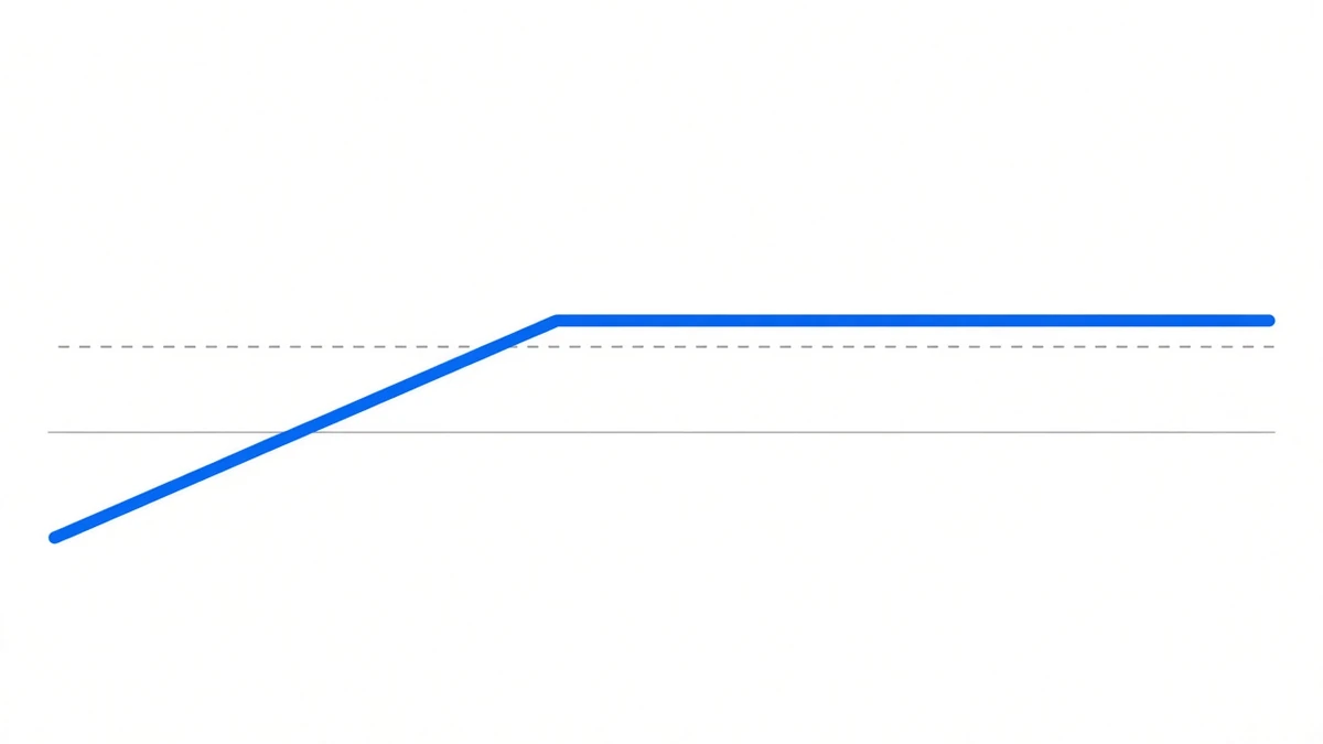 Diagram: a payoff line that flattens into a horizontal cap to the right of a kink and keeps sloping downward to the left, crossing a horizontal zero axis, with a flat reference line drawn above the axis