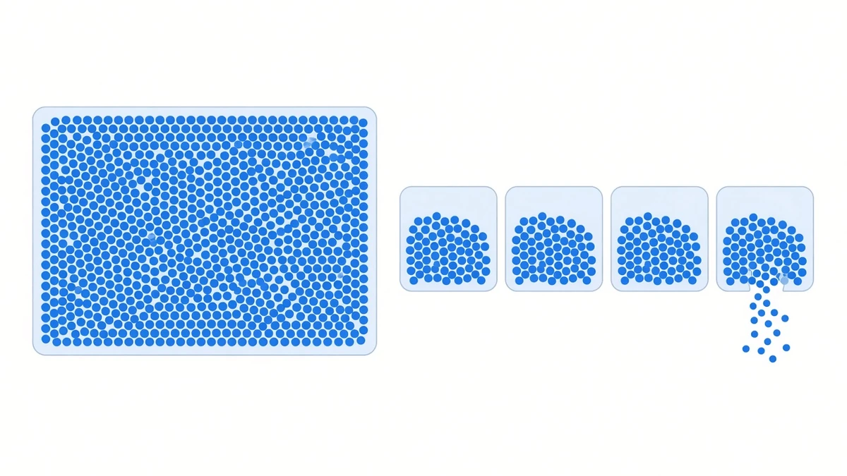 Diagram: one large container on the left filled with a full heap of circles, four smaller containers on the right each holding a quarter of them, and one of the small containers split open at the bottom with circles leaking out