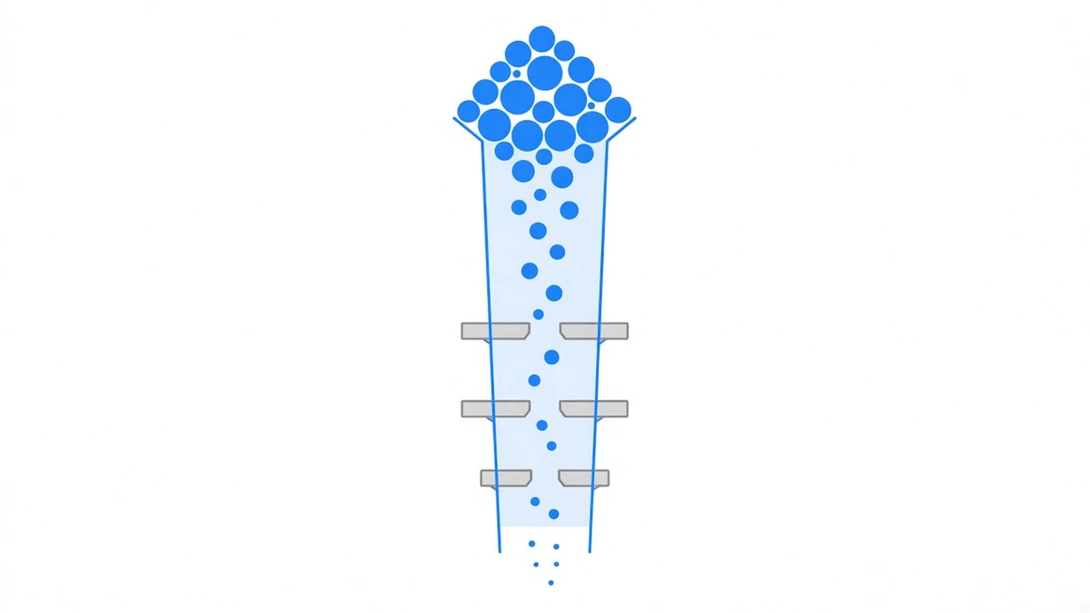 Diagram: a channel narrowing downward in stages, with four horizontal baffles reaching in from both sides to shrink the opening each time, a heap of circles above, and only the smallest passing the final baffle