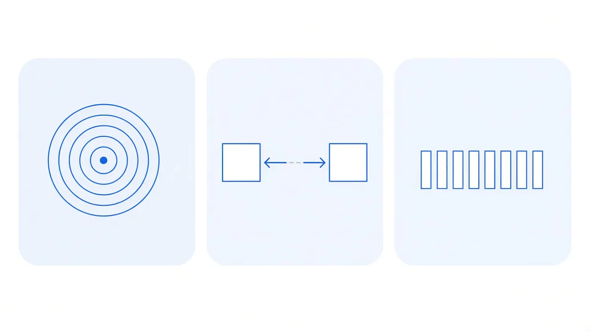 Diagram: three rounded panels side by side; the first contains concentric rings expanding outward, the second a double-headed arrow running between two squares with a visible break in the middle, the third a row of evenly spaced vertical narrow bars
