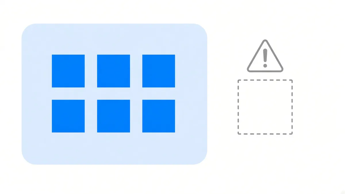 Diagram: a large rounded panel containing six small squares in a neat grid, with a seventh square outside it drawn in a grey dashed outline, separated by an obvious gap and marked with a small triangular warning symbol above