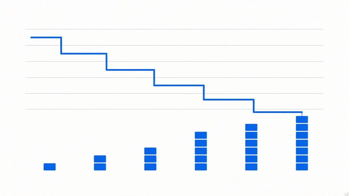 Diagram: a stepped, descending price path crossing several horizontal grid lines, with the stack on the left gaining one layer at each crossing and the lowest stack clearly the tallest