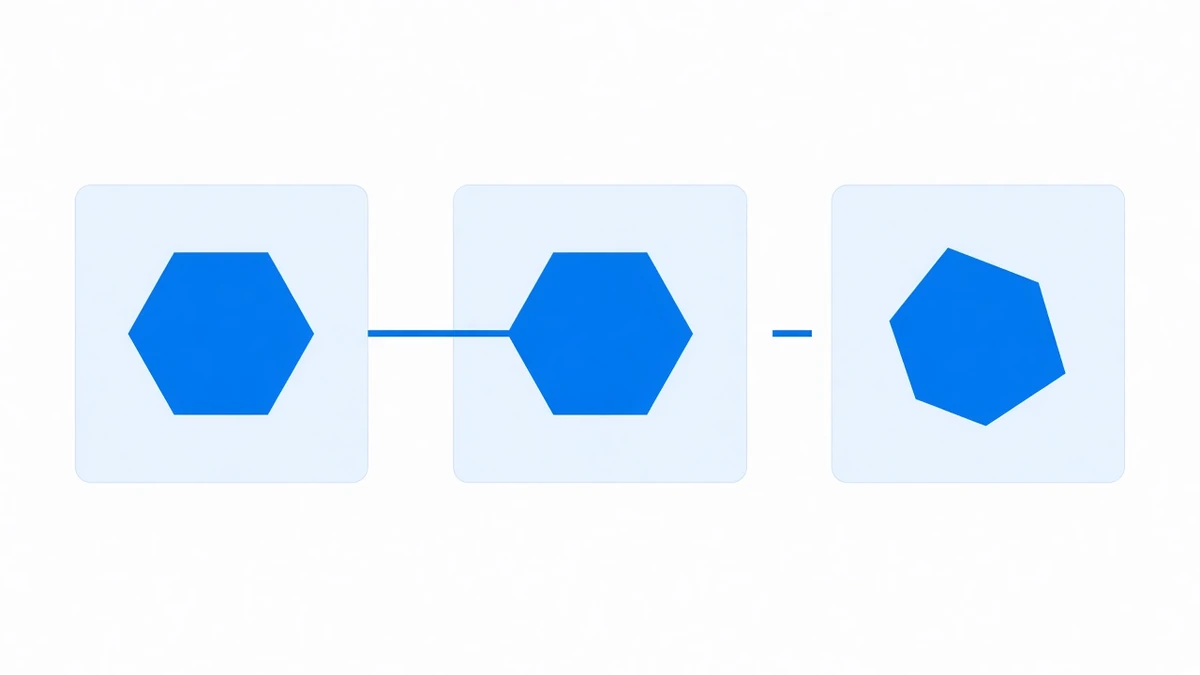 Diagram: three pale blue rounded panels in a row; the left two hold identical hexagons joined by a solid line, the right one holds a lopsided skewed polygon with the connecting line broken before it