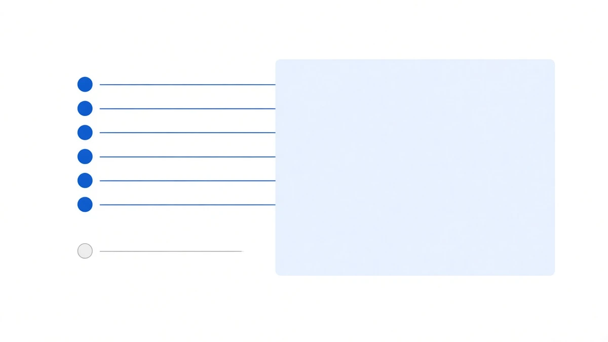 Diagram: a vertical column of six solid blue dots on the left, each joined by a line into a large pale blue panel on the right; below them a hollow grey dot whose line stops short in mid-air