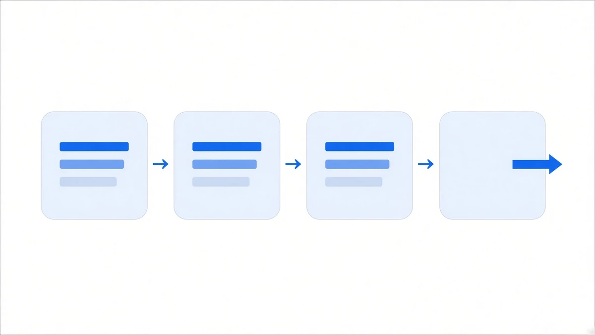 Diagram: four pale blue rounded panels in a row joined by arrows; the first three hold short bars in varying shades of blue, the fourth holds a bold arrow piercing outward through the panel border