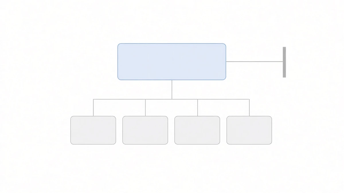 Diagram: an org-chart. At the top sits a wide pale blue rounded rectangle with a thin blue outline; a thin grey line drops from its base and branches into four, each reaching one of four identical grey rounded rectangles in a row below. From the right edge of the top rectangle another thin grey line runs outward and is stopped by a short thick grey vertical bar, with nothing continuing beyond it