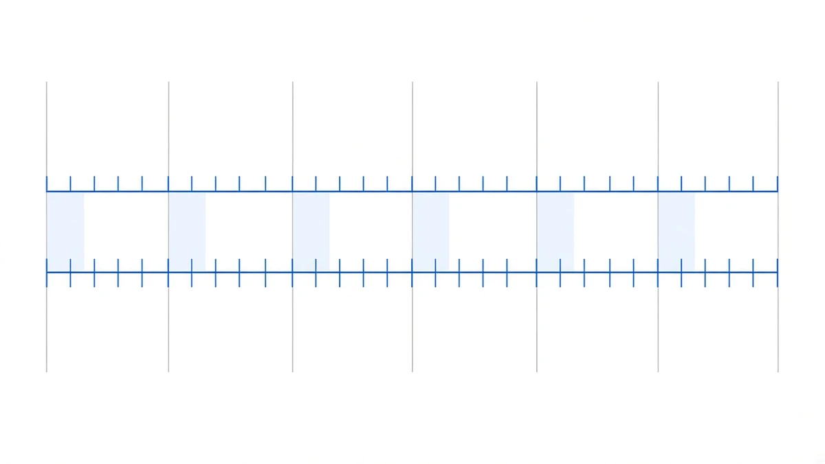 Diagram: two parallel horizontal timeline rails, each carrying a row of evenly spaced blue tick marks, with the lower row shifted slightly right so the ticks do not align; vertical hairlines cross both rails and small pale blue rectangles mark the zones where they disagree