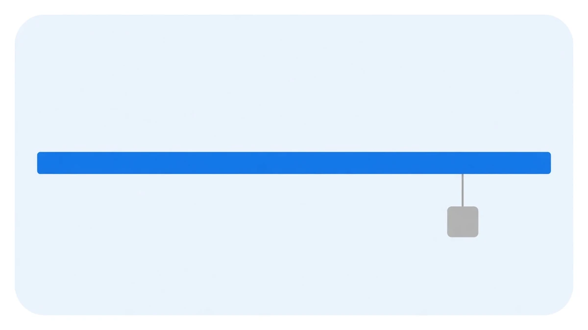 Illustration: a long blue horizontal bar stretches from the left of a pale blue panel almost to the right edge, and only near its right end does a small grey square hang beneath it on a thin line