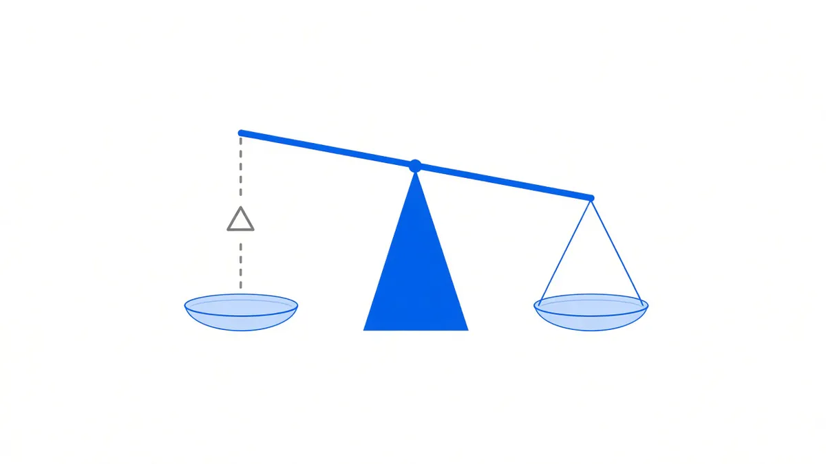 Diagram: a balance scale on a blue triangular pivot; the left suspension is drawn as a broken grey dashed line so that pan hangs detached beside a hollow triangular marker, while the right pan hangs normally and the beam tilts down to the right
