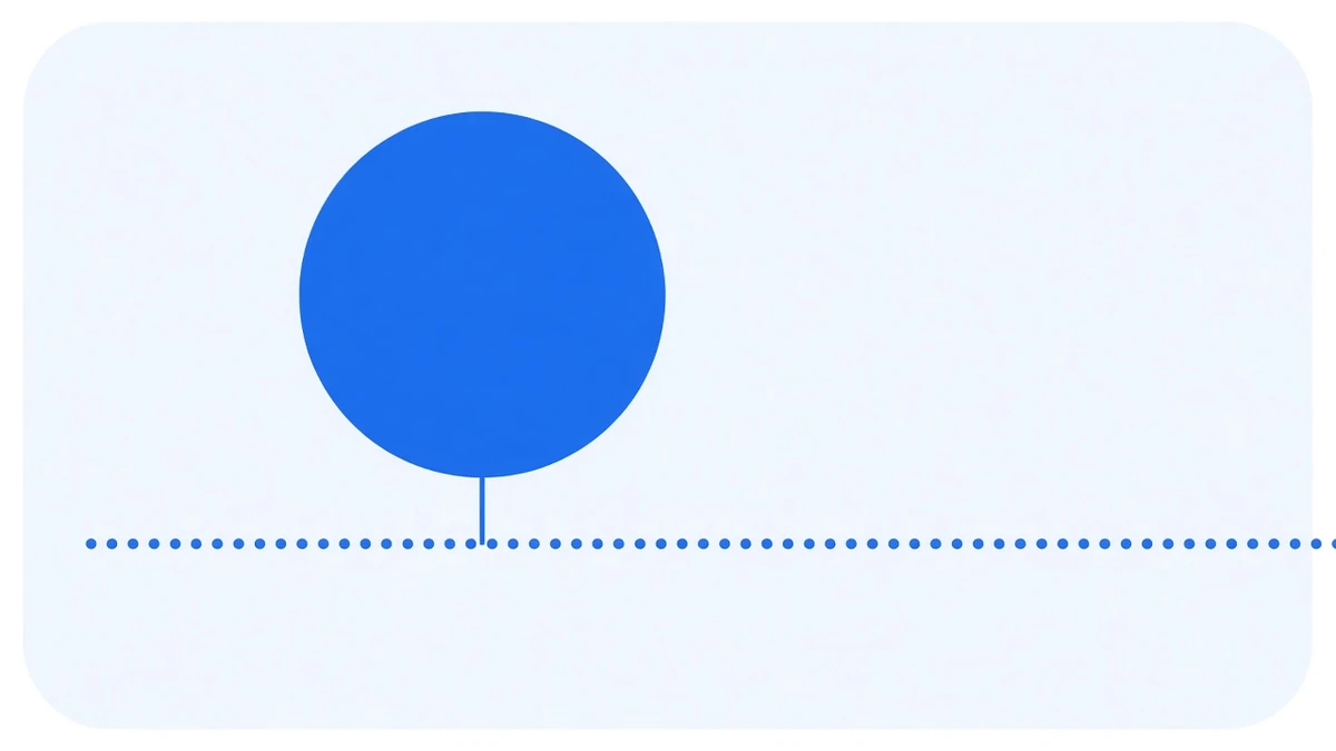 Diagram: along a dotted horizontal timeline, one huge filled blue circle stands above a single point with a short stem down to the axis, while the rest of the axis carries a row of evenly spaced small blue dots continuing past the right edge