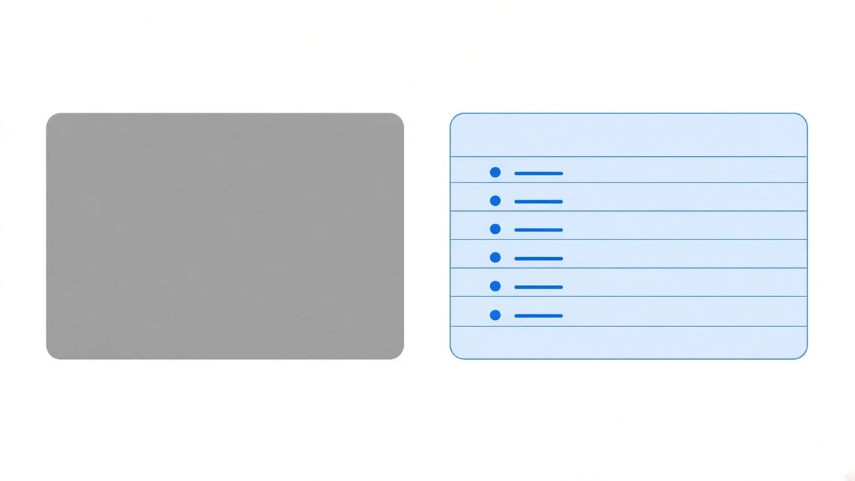 Diagram: two rounded blocks of identical size side by side. The left one is a solid opaque grey with a completely blank surface; the right one is pale blue with a thin blue outline and its interior is divided into several layers by thin horizontal lines, each layer holding a small blue dot and a short blue bar, like an itemised statement you can actually read