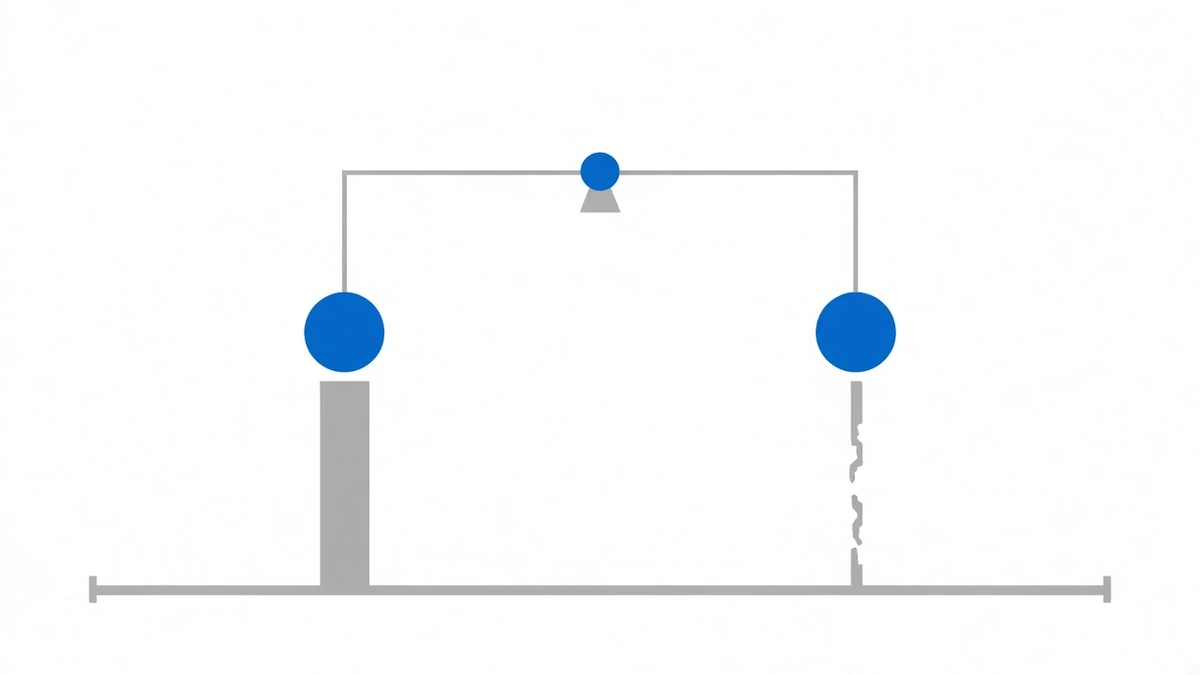 Diagram: a balance beam holding two equally sized blue discs stays perfectly level, while the grey support pillar beneath the right-hand disc is eroded down to a thin fragile sliver