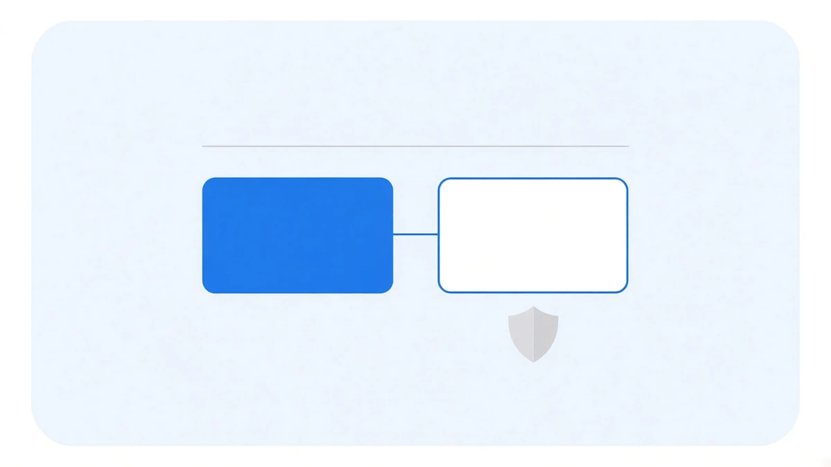 Illustration: two rounded blocks side by side in the middle of a pale blue panel, the left one solid blue and the right one only a blue outline, joined by a short thin line; a flat grey line runs above them and a small pale grey shield sits under the right block