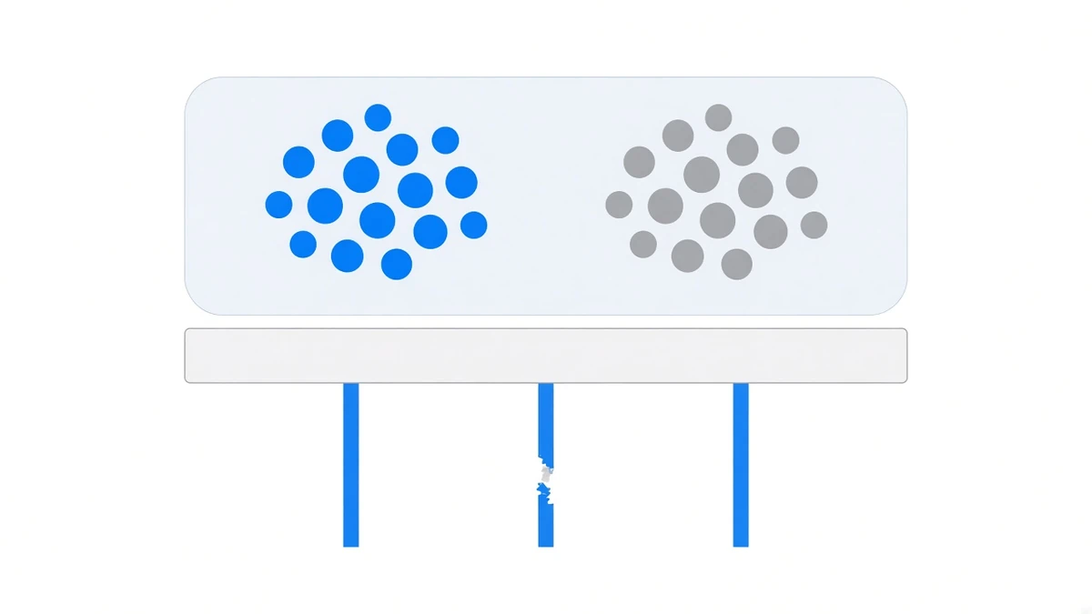 Diagram: a rounded container holding two groups of circles in different colours, the container itself resting on a larger base plate that stands on only three slender pillars, one of which has already cracked through