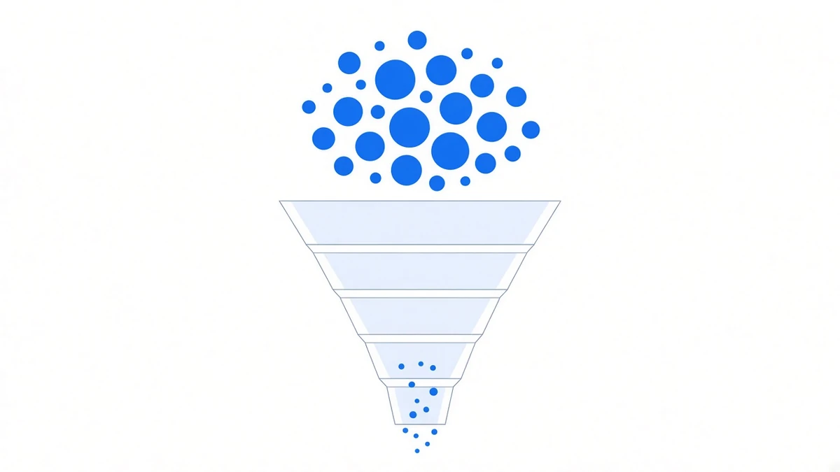 Diagram: a funnel-shaped channel that narrows in stages, wide at the top and narrow at the bottom, with four distinct step-ins along its walls; a heap of circles of assorted sizes sits above and only the smaller ones reach the bottom