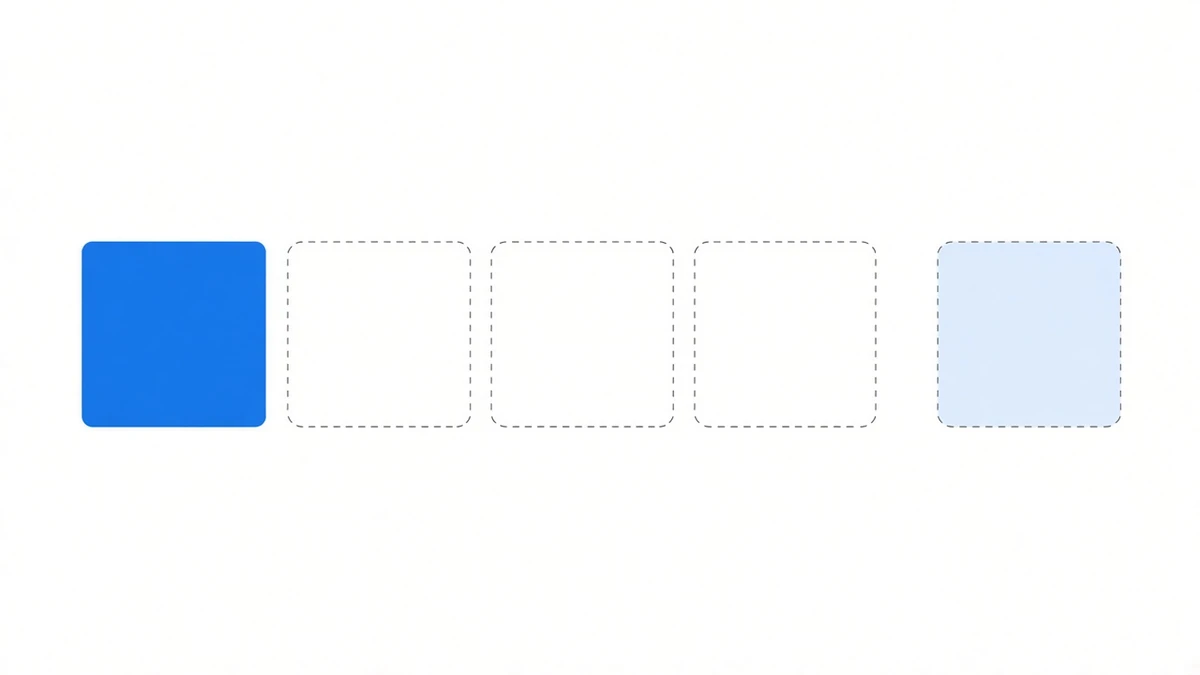Diagram: a row of five rounded squares of identical size. The leftmost is solid blue; the next three are empty grey dashed outlines; after a wider gap the fifth stands on its own to the right, also a grey dashed outline but filled with pale blue