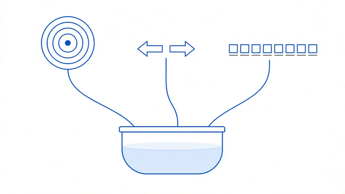 Diagram: three source symbols across the top — concentric rings, two arrows pointing apart, and a row of small squares — each feeding a thin line downward into one shared bowl holding a pale blue fill