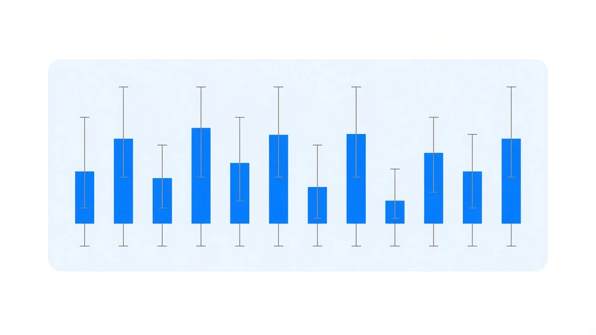 Diagram: twelve blue bars of differing heights across a pale blue panel, each pierced by a long thin grey vertical line running above and below it, the grey lines consistently longer than the bars themselves
