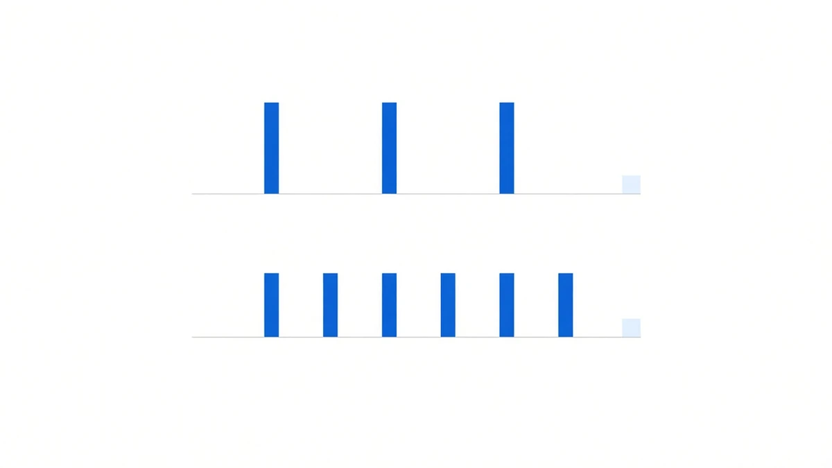 Diagram: two parallel horizontal timelines, the upper one carrying three widely spaced tall blue bars and the lower one six closely spaced shorter bars, with an identically sized pale blue square at the right end of each