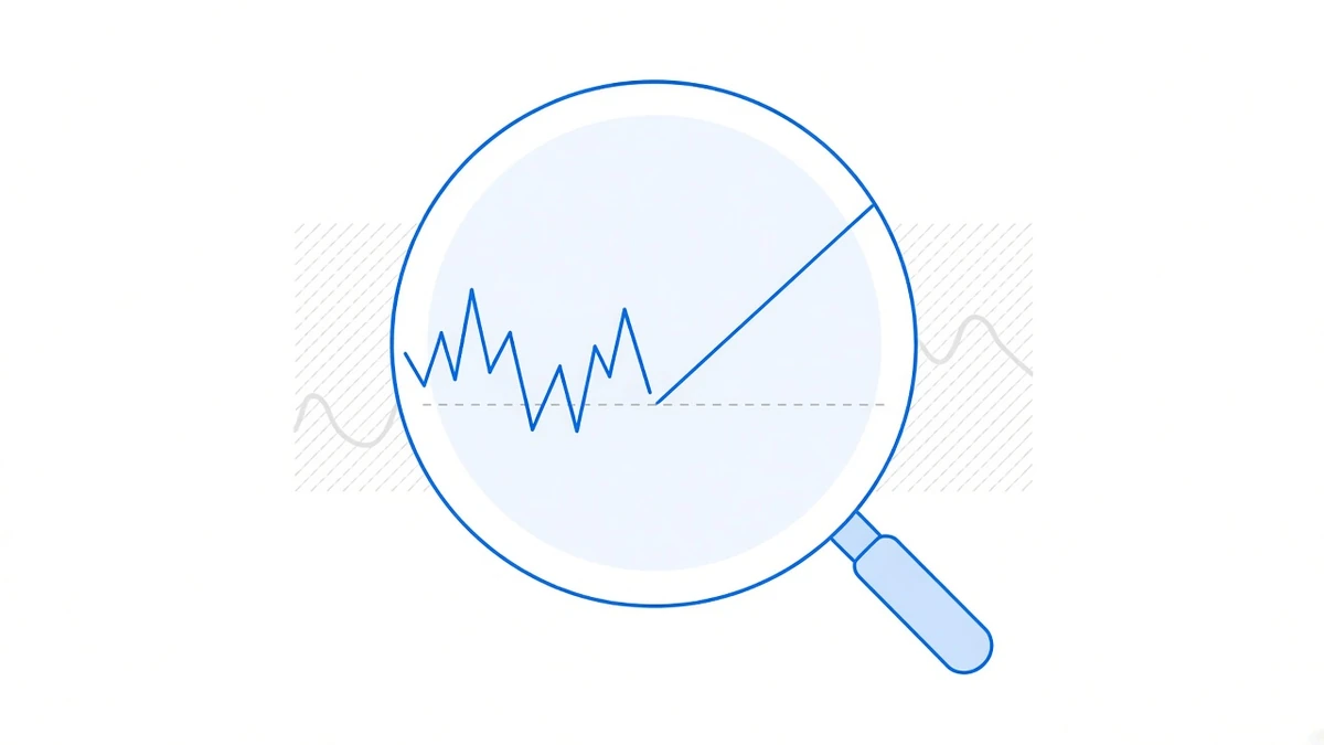 Diagram: a magnifying glass covering two curves at once; inside the lens the left curve rises and falls with several stretches below the baseline, while the right one is a perfectly smooth rising straight line