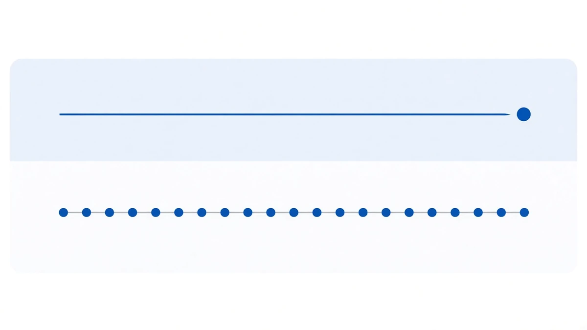 Diagram: an upper horizontal line runs right and tapers into a single dot, while a lower horizontal line keeps extending past it with evenly spaced dots along its length, the two separated by a pale blue band