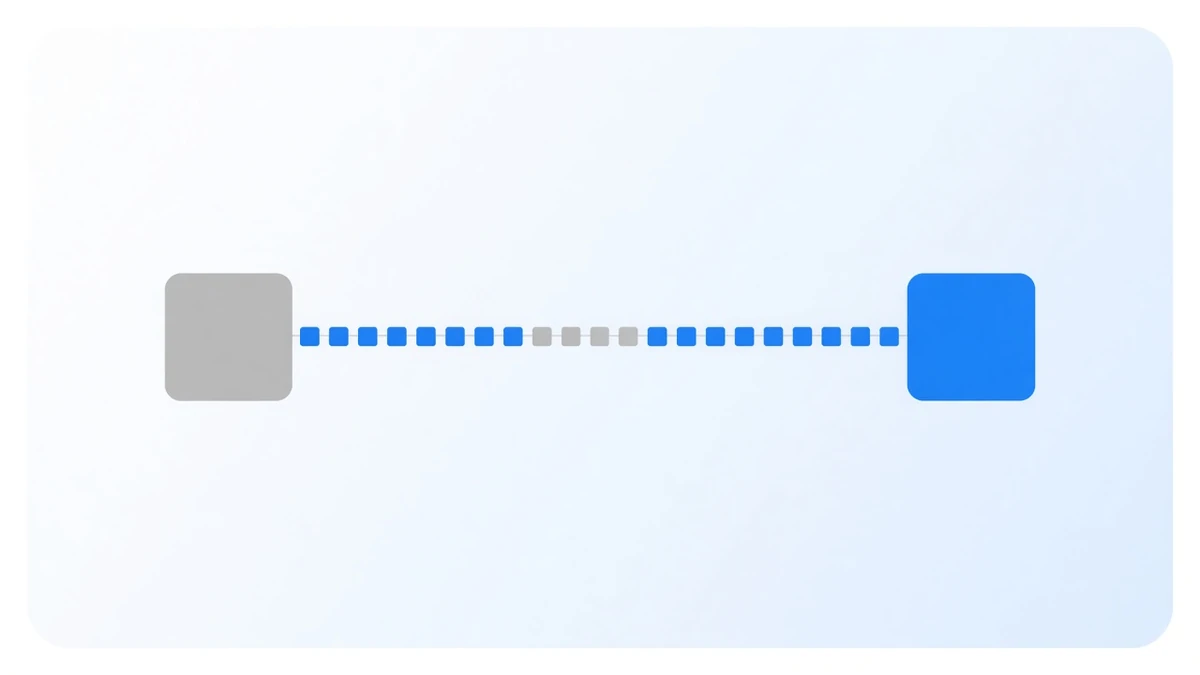 Illustration: a grey rounded block on the left of a pale blue panel and a blue rounded block on the right, joined by a thin line carrying a string of small squares; most are blue, with four grey ones in the middle