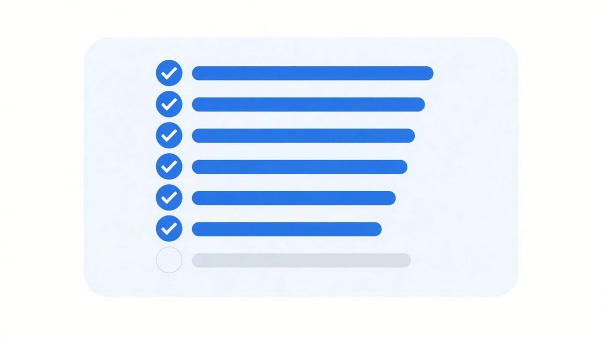 Diagram: a pale blue checklist panel of seven rows; the first six each begin with a solid blue circle carrying a tick followed by a blue bar, while the last begins with a hollow grey circle and a noticeably fainter grey bar