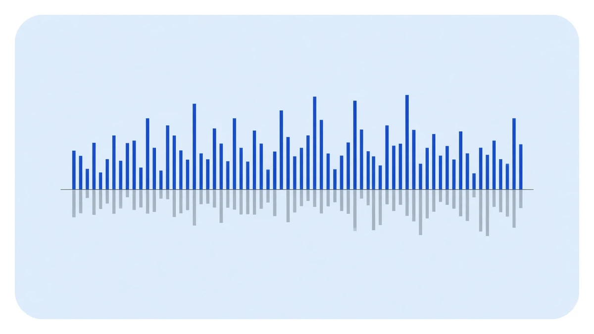 Diagram: a dense row of thin blue bars standing on a horizontal baseline, with a sizeable share of them hanging downward below the line, all set on a pale blue rounded panel